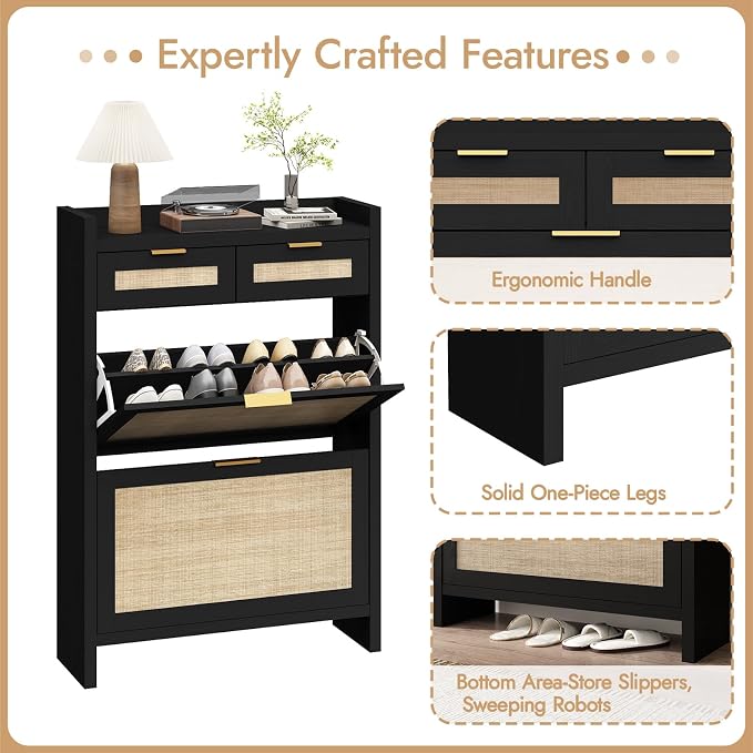 HOKYHOKY Rattan Shoe Storage Cabinet with 2 Drawers & 2 Flip Drawers | Hidden Slim Shoe Organizer, Farmhouse Boho Narrow Shoe Rack, Large Tabletop Space, Entryway, Rustic Black