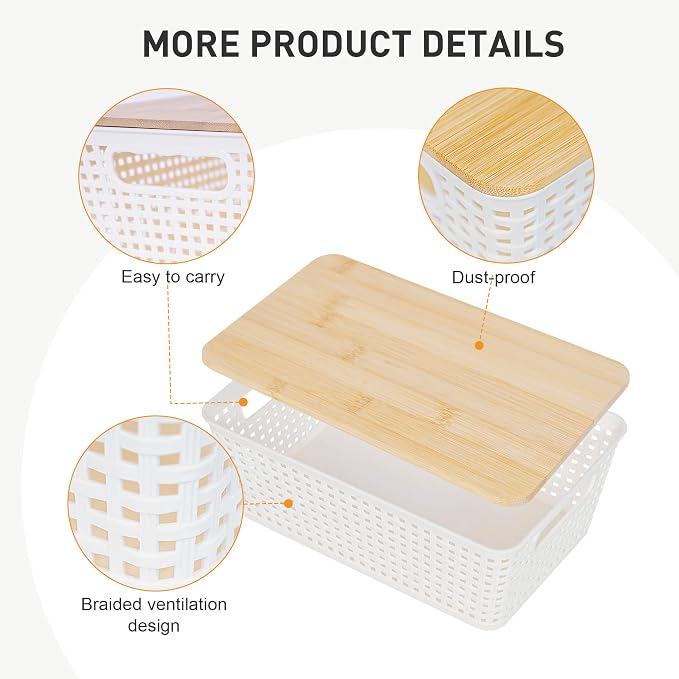 Small Storage Bins with Lids 6 Packs, Plastic Storage Basket with Bamboo Lid for Pantry Organization and Storage Containers for Shelves Drawers Desktop Closet Playroom Office Home, White