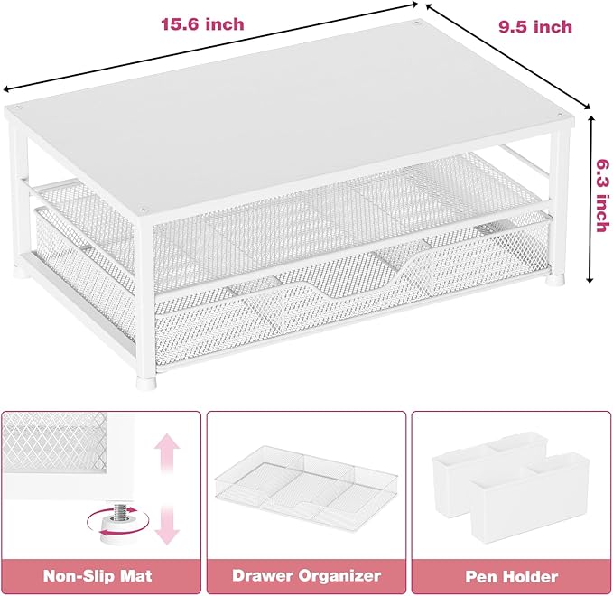 OPNICE Desk Organizers and Accessories, Computer Monitor Stand Riser with Drawer and 2 Pen Holders, Printer & Laptop Stand, Office Desk Accessories & Workspace Organizers for Home Office Supplies, White Wood