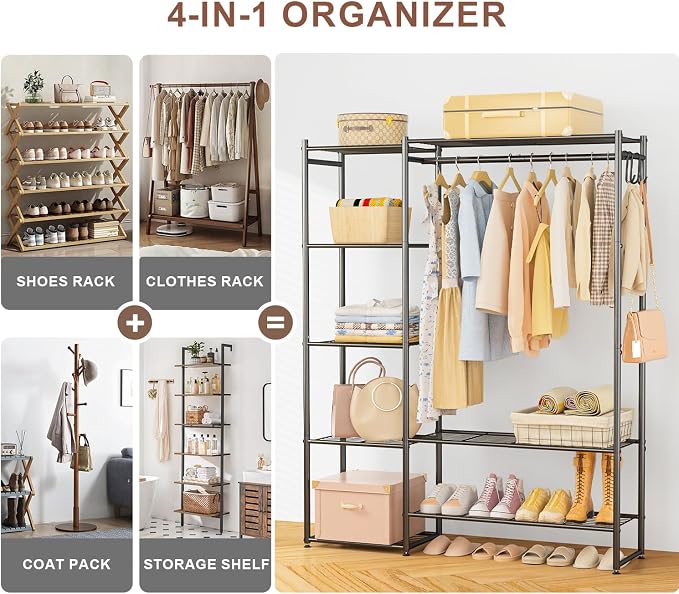 Closet Wardrobe, Closet Organizers and Storage System, Metal Clothes Rack | All in one, With 4 Tiers Shelves, Portable & Free Standing, for Hanging Clothes, for Cloakroom Bedroom
