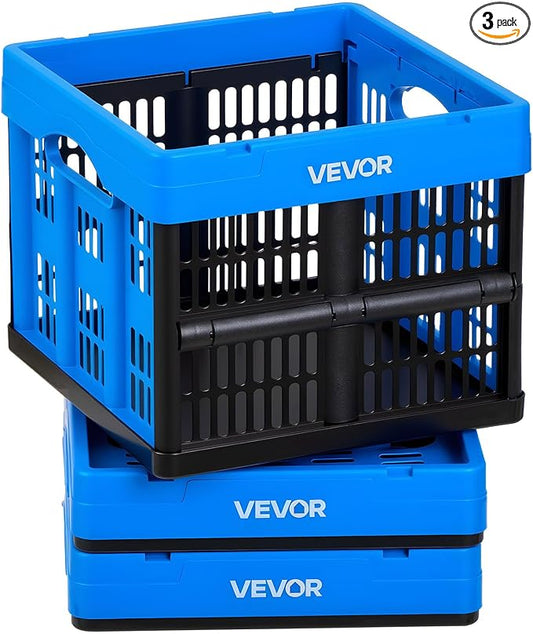 VEVOR Plastic Collapsible Storage Bins, 25L 3 Packs, Stackable Folding Storage Crates with Handles, Holds 22 lbs Per Bin, Foldable Heavy Duty Containers, Space-Saving Baskets, for Home Organizing