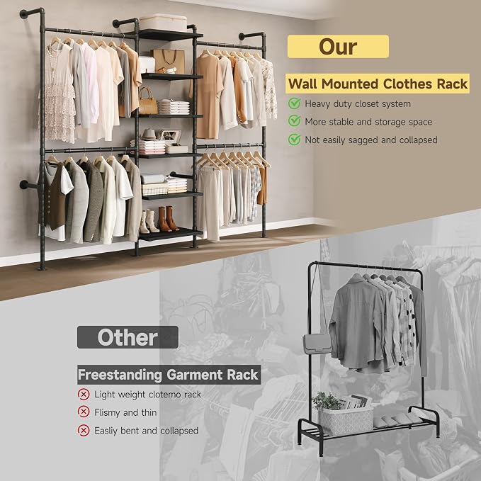 T1 Wall Mounted Closet System, Industrial Pipe Clothing Rack with 6 Wooden Shelves & 4 Telescopic Rods, Heavy Duty Closet Organizers and Storage in Wardrobe Closet (Black)