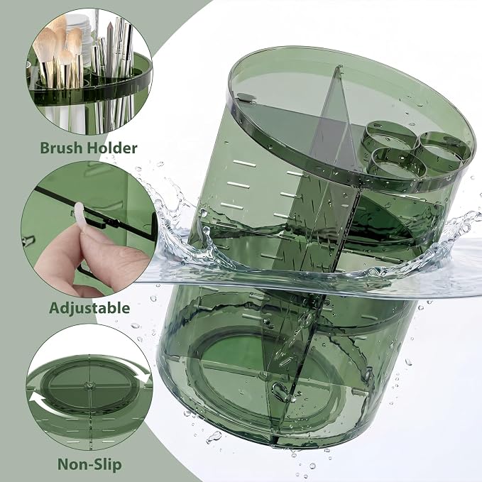 Rotating Makeup Organizer, DIY 8 Adjustable Layers Spinning Skincare Storage, Cosmetic Display Case with Brush Holder and Perfume Tray, Multi-Function Vanity Bathroom Countertop Organizer Clear Green