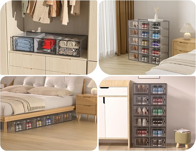 Kuject XXX-Large Shoe Storage Boxes 12 Pack, Clear Stackable Shoe Organizer | Shoe Case for Closet, Entryway & Under-Bed Storage, Drop-Front Design, Space-Saving Solution for Family Organization,Black