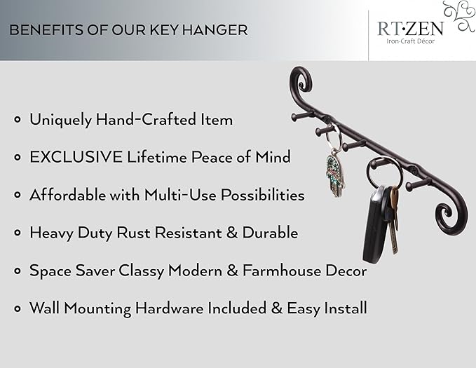 RTZEN Farmhouse Small Key Holder for Wall, Wrought Iron Wall Mount Rack | Handcrafted Swirl Decorative, 5 Key Hooks for Home Entryway, Purse, Coat and Leash Holder or Organizer (Classic Black)