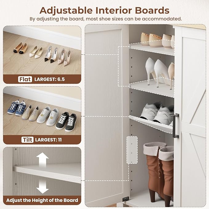 5-Tier Shoe Storage Cabinet, Farmhouse Shoe Rack Organizer Cabinet with 4 Adjustable Shelves & Side Cabinets, Freestanding Shoe Cabinet Storage with Anti-tip Fitting for Entryway, 47.3L×13.7W×40.7H