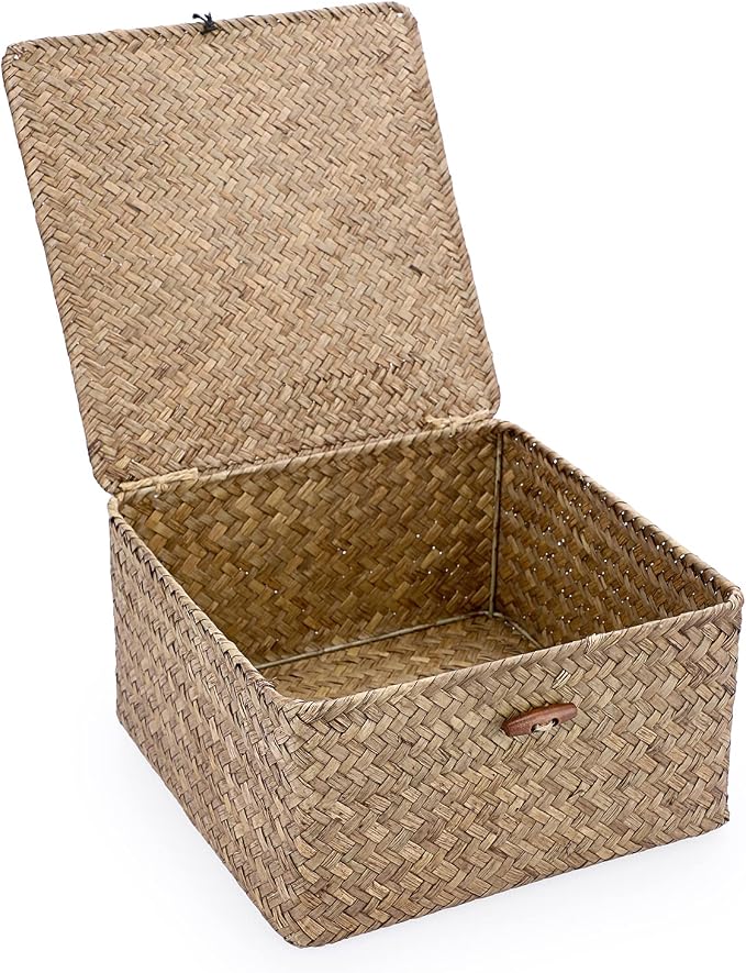 Hipiwe Wicker Shelf Baskets Bin with Lid Handwoven Seagrass Storage Basket Container Square Multipurpose Household Basket Boxes for Shelves and Home Organizer, Coffee Large