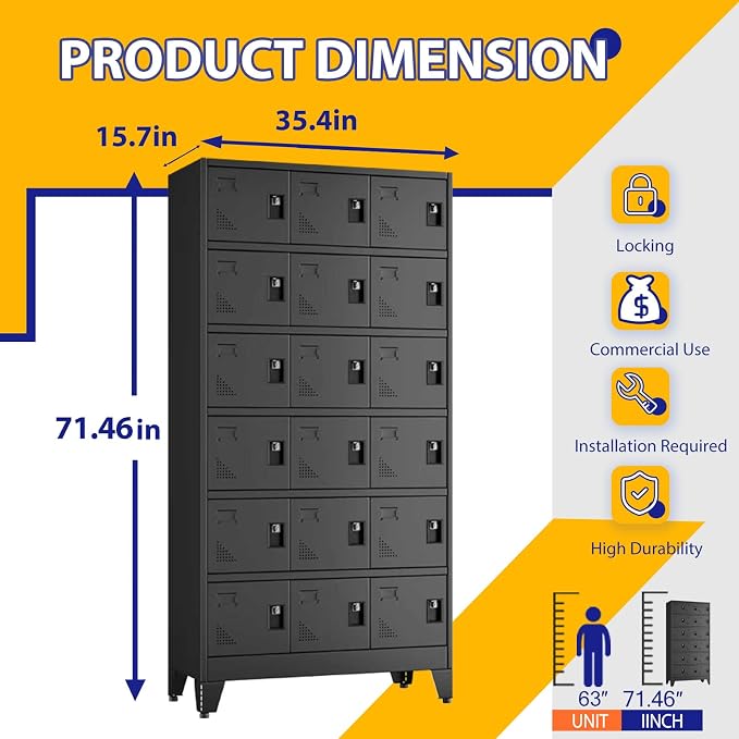 PAOFIN Metal Storage Lockers for Employees with Lock,Metal Storage Locker with 18 Doors for School Garage Office Gym Bedroom,Assembly Required,18 Door Black