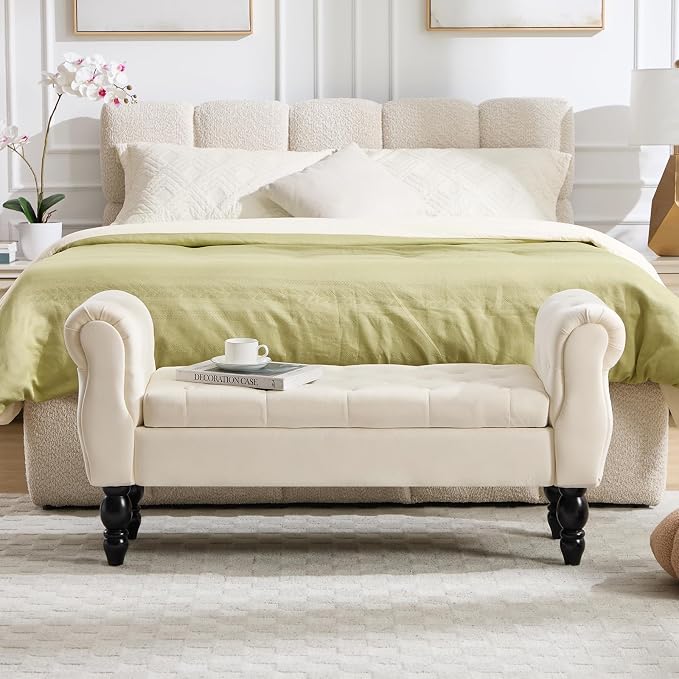 47″ Storage Bench with Arms End of Bed Bench,Velvet Entryway Bench with Storage, Button Tufted Upholstered Ottoman Bench Wood Legs, Window Sitting Bench for Bedroom/Living Room/Hallway, Cream