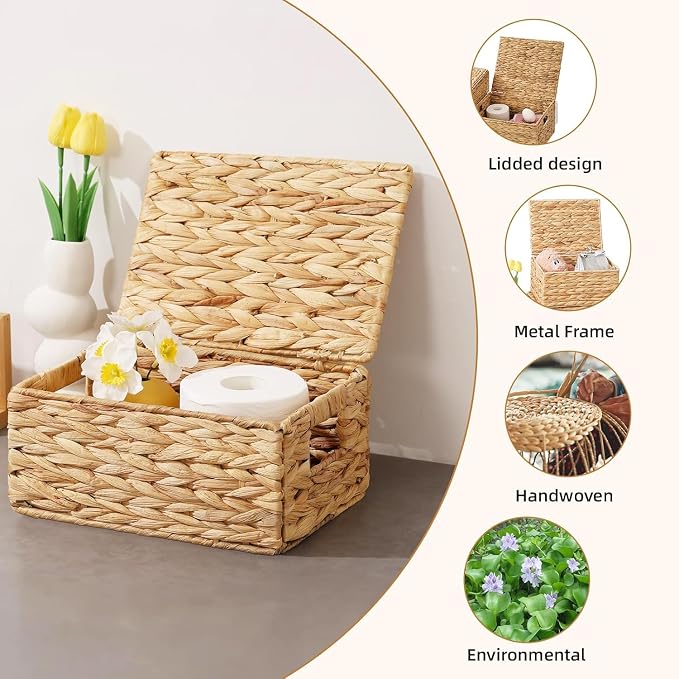 Wicker Storage Baskets with Lids,Multi-size 3 Pack Natural Water Hyacinth Wicker Nesting Baskets,Decorative Storage Ratten Boxes for Organizing,Storage,and Gifts