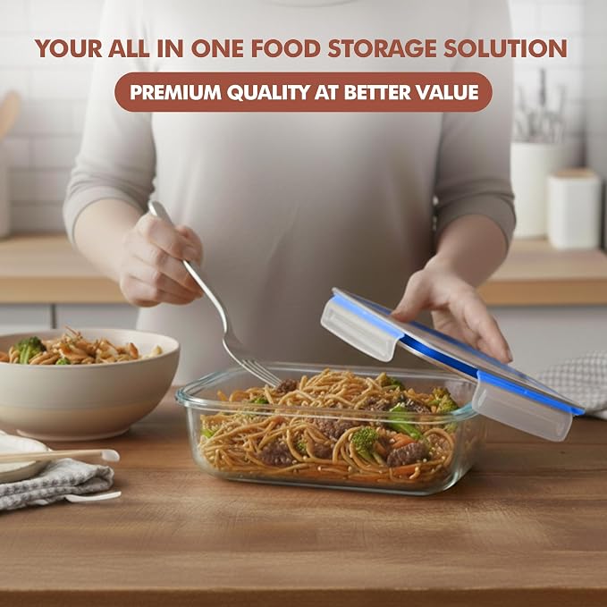Razab 16 Pc (Set of 8) 30 Oz Glass Meal Prep Containers with Lids, Airtight Large Glass Food Storage Containers, Reusable Leak Proof BPA Free, Freezer to Oven and Dishwasher Safe