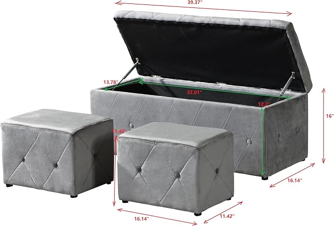 Ottoman Set of 3, 39'' Hinged Tufted Storage Ottoman Bench with Cushion, 2pcs Small Dorm Stools Couch Side Foot Rest