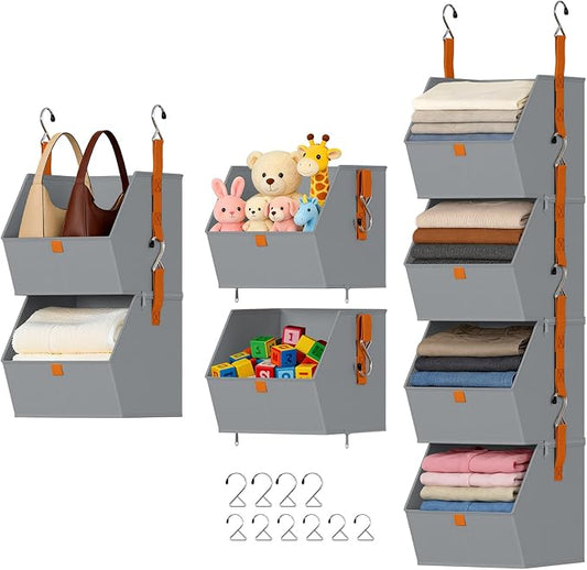 DIMJ Hanging Closet Organizer - 4 Tier Collapsible Hanging Shelves with Hooks Zipper, Fabric Clothes Organizer, Space-Saving Storage Bin Basket for RV, Bedroom, Laundry Organization