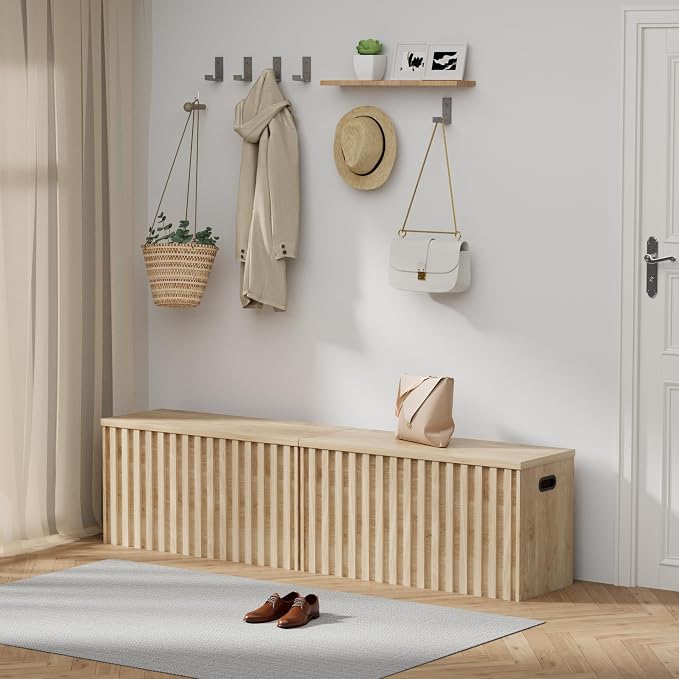 Storage Bench Set of 2, 39.4" Wood Storage Trunk with 2 Safety Hinges, Sturdy Storage Chest, Fluted Storage Bench for Bedroom, Shoe Bench for Entryway, Living Room (Ivroy White)
