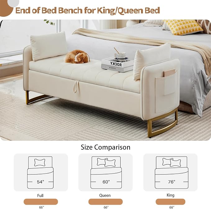 66" End of Bed Storage Bench King Size, Velvet Storage Benches for Bedroom Foot of Bed, Upholstered Storage Ottoman Bench with Golden Legs and Pillow for Living Room Window Entryway, Cream