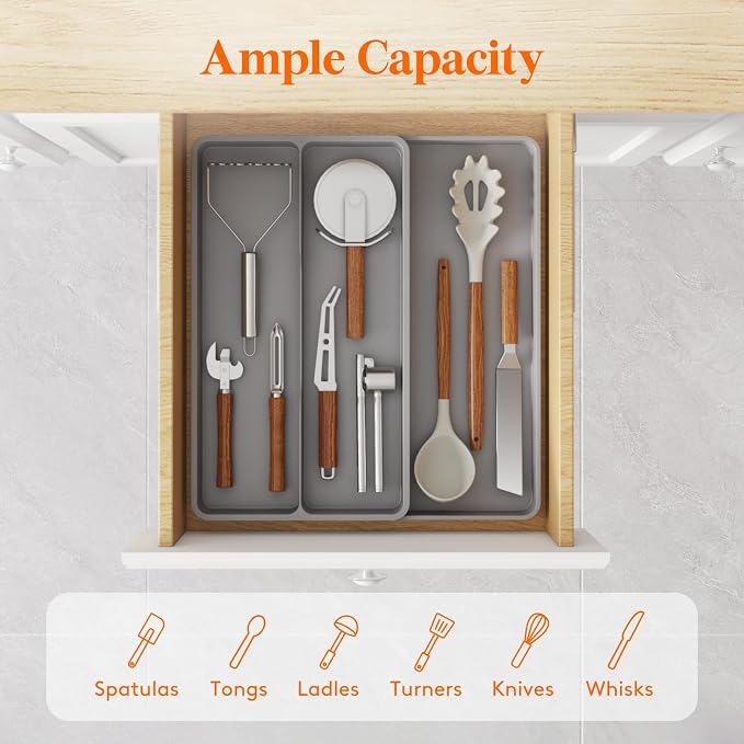Lifewit Utensil Organizer for Kitchen Drawer, Expandable Cooking Silverware Tray, Adjustable Cutlery Flatware Holder, Plastic Spatula Tools Storage Divider, 14.4 x 15.8", Gray