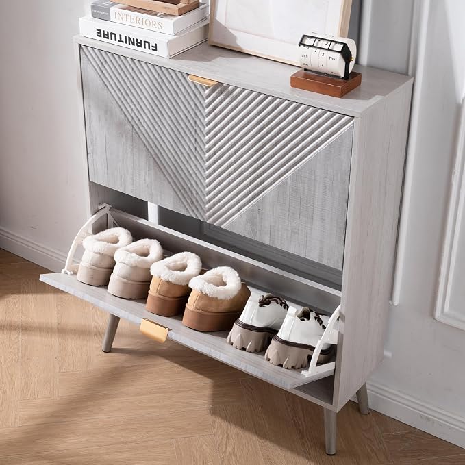 oakvivo Shoe Cabinet with 2 Flip Drawers, Freestanding Shoe Organizer with 4 Wooden feet, Modern Shoes Storage Cabinet for Entryway, Hidden Narrow Shoe Rack Cabinet for Foyer, Hallway, Mudroom, Grey
