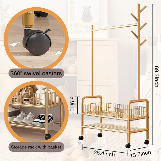 MYUPDALIN Clothes Rack with Shelves, Clothing Rack with Wheels, Multifunctional Hangers with Storage Baskets and Shoe Racks, Ideal for Bedrooms and Living Rooms (Gold, Bold 90cm/35in)
