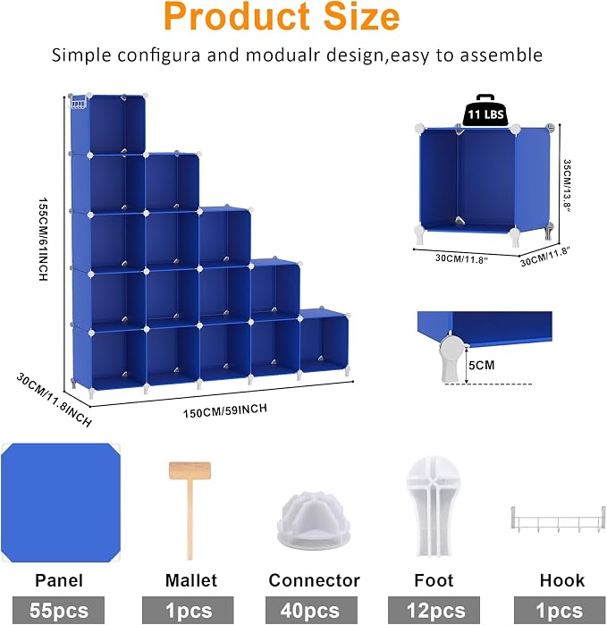 AWTATOS Cube Storage Organizer, Closet Organizers Storage Shelf, 16 Cube | DIY Stackable Storage Cube Shelves, Plastic Clothes Organizer Shelving for Bedroom, Home Office, Blue