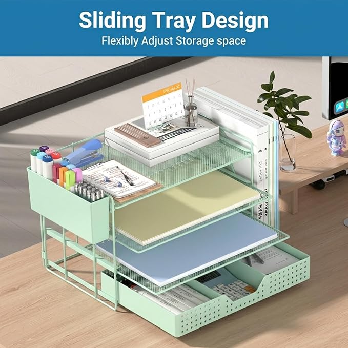 ECOLOVI Desk Organizer, 4-Tier Paper Organizer Letter Tray with File Holder, Drawer and 2 Pen Holders, Desktop File Organizer for Office Supplies, Workspace Storage, Green