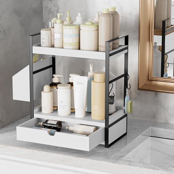 2-Tier Bathroom Counter Organizer, Wooden Vanity Shelf with Drawer & Basket | Pre-Drilled Holes, Skincare & Makeup Countertop Organizer and storage, White