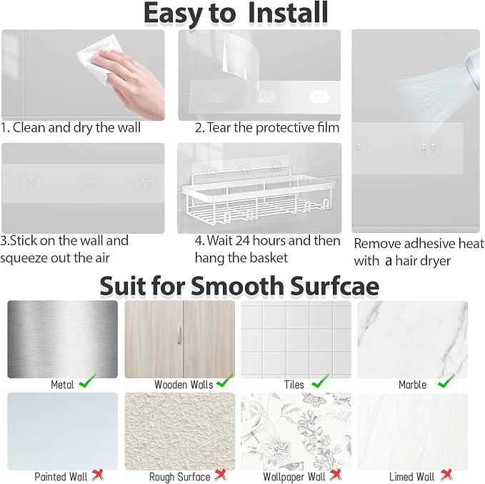 Liuoud 10 Pack Shower Caddy Organizer Rack Shelf for Inside Shower, Self Adhesive Wall Storage Basket Rustproof Stainless Steel Shampoo Holder Bathroom Accessory Decor Set, White