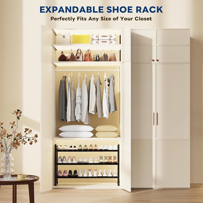 Mavivegue 19“- 43” Adjustable Shoe Rack, 3 Adjustable Length, 3 Tier Expandable Shoe Rack for Closet, Entryway, Shoe Shelf, Black