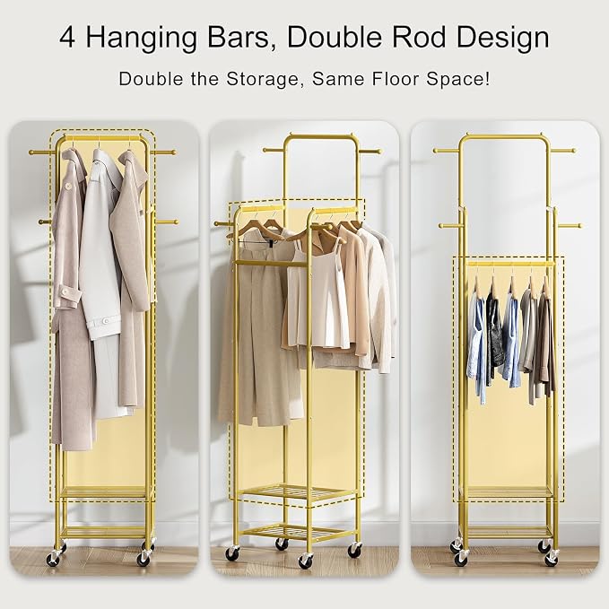 Small Gold Clothing Rack with Wheels, Narrow Clothes Rack with 2 Shelves | Gasvadivum 71" Tall Sturdy Metal Rolling Garment Rack with 4 Hanging Rods & 4 Hooks, Portable Coat Rack for Bedroom, Bathroom