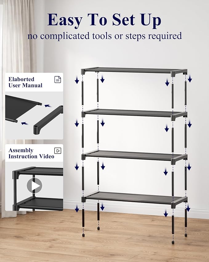 Kitsure Shoe Rack - Non-Woven Shoe Rack Shelf, Shoe Organizer for Closet, Entryway, Garage & Corridor, Stackable Shoe Shelves, X-Large, Black | Shoe Organizer for Closet, Entryway, Garage, Stackable Shoe Shelves, college dorm&apartment essentials