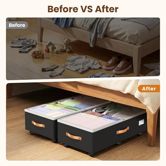 Budding Joy 80L 2 Pack Adjustable Under Bed Storage with Wheels | Underbed containers with clear lids, rolling under bed shoe storage organizer for dorm home clothes, blankets, toys, black