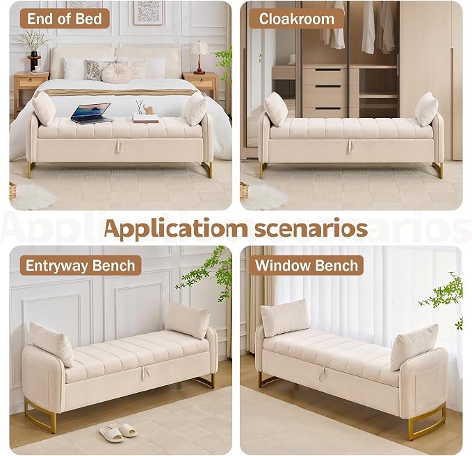 66" Storage Bench for Bedroom End of Bed, King Size Bed Bench with Golden Legs,Storage Ottoman Bench with Arms and 2 Pillows for Foot of Bed Living Room Window Entryway, Beige