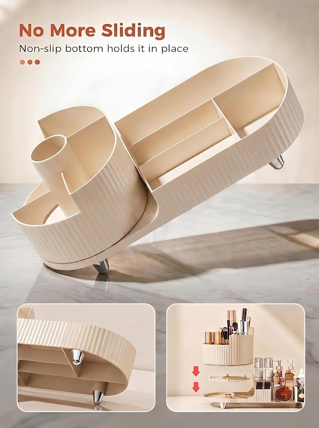 Booklov Rotating Makeup Organizer for Vanity Countertop, Cream | Plastic Cosmetic Display Case, Large Beauty Brush Holder for Bathroom Counter, Skin Care Perfumes Storage