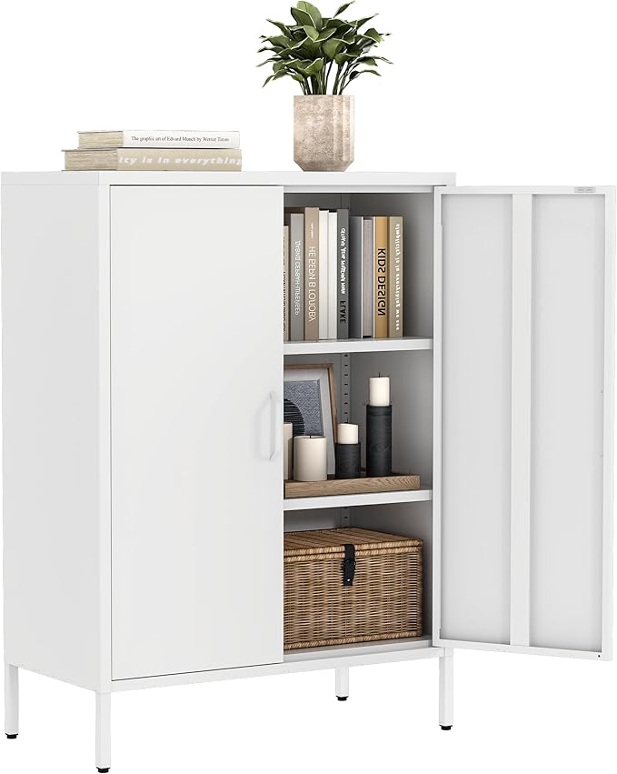 Bevivog Metal Locker Cabinet with 2 Doors, White Metal Accent Cabinets for Home Office, 40" Counter Height Storage Lockers Sideboard for Home Office Kitchen Living Room Hallway Entryway