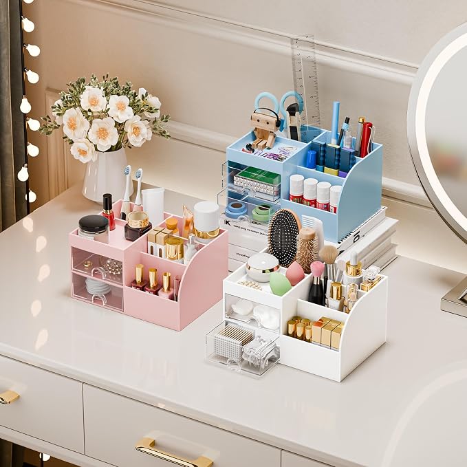 Makeup Organizer with 2 Drawers, Makeup Organizers Countertop for Vanity and Bathroom, Make up organization and Skincare Storage with Brush Holder, for Dresser, Desktop, Cosmetic Display Case (Pink)