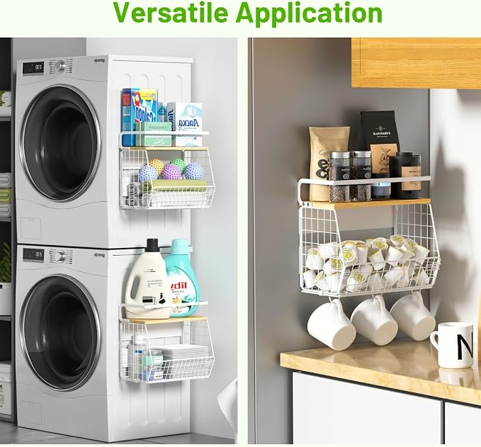 Magnetic Fridge Shelf with Wood Lid, Fruit Potato Onion Storage Bins, Pantry Organizers, Large Container Spice Rack for Refrigerator, Kitchen Counter, Cabinet (2, White)
