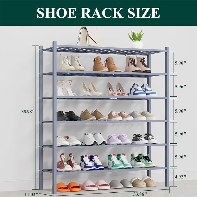Smiry Bamboo Shoe Rack, 14 Vertical Slats, 6 Tier - 33.7" Wide, Grey | Stackable Free Standing Wooden Shoe Organizer, Wood Shoe Storage Shelf for Closet, Entryway, Thicher Leg