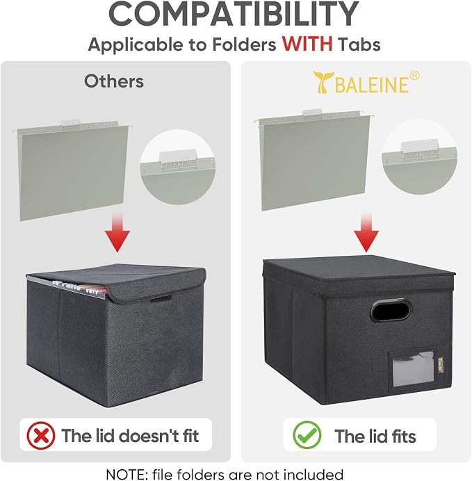 BALEINE File Organizer Box with Lid, Collapsible File Folder Organizer with Plastic Slide, Hanging File Folder Box for Office Document Storage (Tab Friendly, 2 Pack, Black)