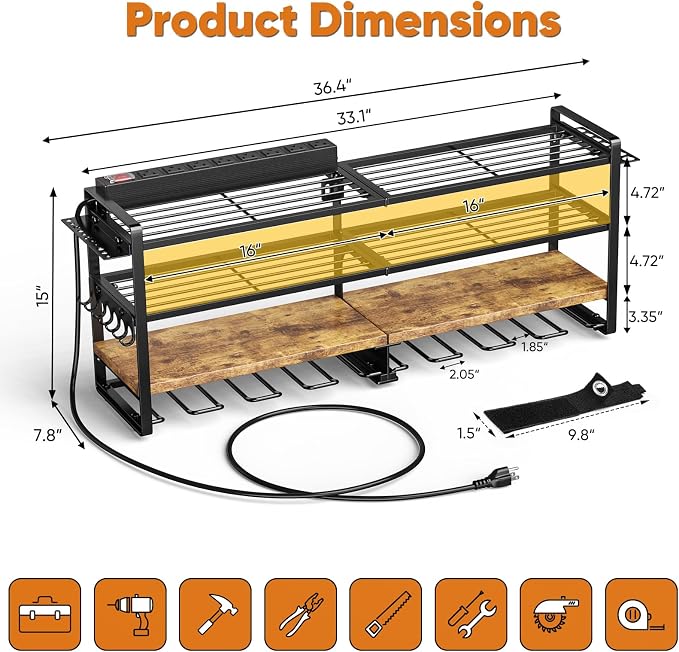 POKIPO Large Power Tool Organizer Wall Mount with 8-Outlet Charging Station, 600lbs Capacity Garage Storage Rack for 8 Cordless Drills Holder, Heavy Duty Metal 4-Layer Battery Utility Rack
