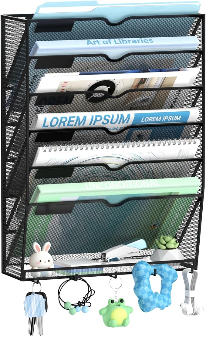 7-Tier Wall File Organizer with 5 Hooks, Wall Mounted Mail Organizer | File Holder Organizer, Metal Mesh Office Wall Organizer for Home, School & Classroom