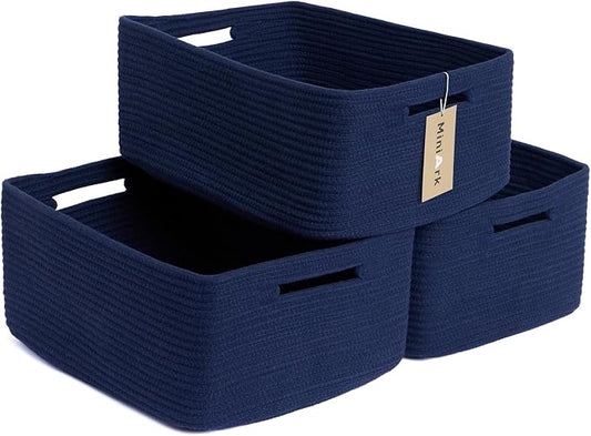 MiniArk Large Storage Baskets for Shelves, 17 x 13 x 7.5” Closet Organizers Bins for Clothes Blanket Towels, Baby Nursery, Toy Baskets Box, Woven Rope Baskets, 3 Packs Navy Blue