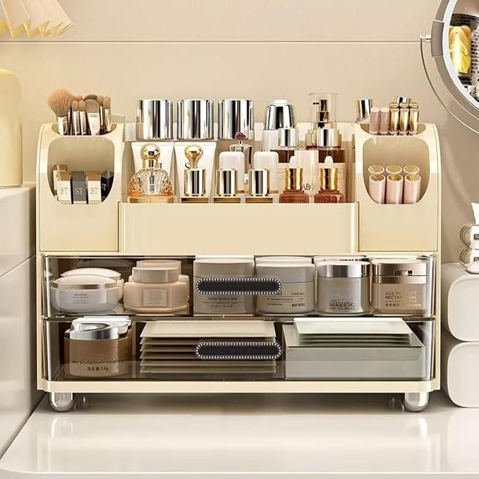 Large Makeup Organizer for Vanity - Perfume Cosmetic Display Cases | Skincare Organizers with 2 Drawers for Bathroom Dresser Desk, Easy to Store Brush Eyeshadow Lipstick Beauty Supplies, Cream