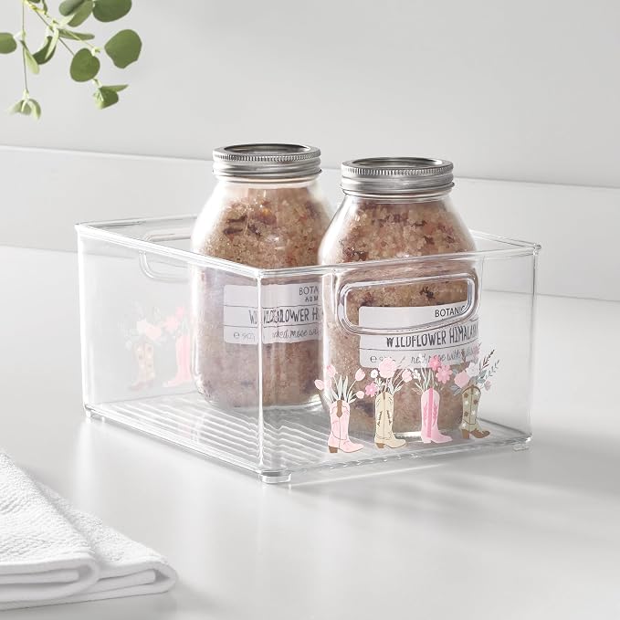 iDesign Bathroom Organizer Bin, Clear/Western | Decorative Print, Stackable, Plastic Storage Basket, For Makeup & Vanity Organization