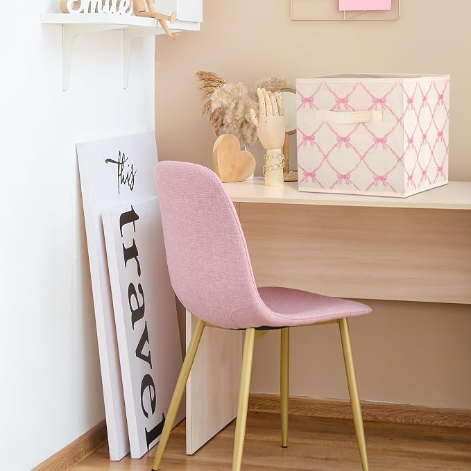 6 Pcs Beige Bow Cube Storage Bins 11 Inch Storage Basket with Handle, Preppy Girls Organizer Basket, Collapsible Fabric Box for Classroom Bedrooms Office Home Decoration Gift