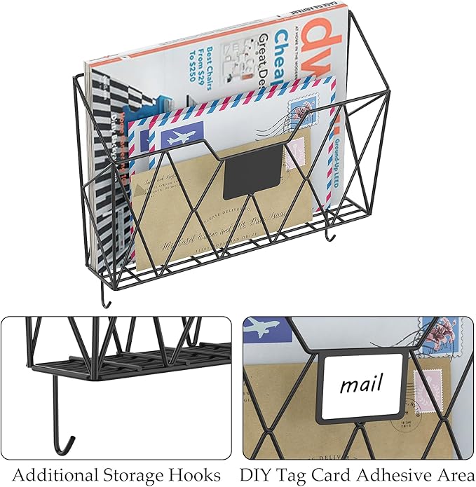YBING Wall File Organizer Mesh Hanging Wall-mount Files Holder 6 Pack Hanging Wire Magazine Rack and Mail Holder with Hooks Office Wall Organizer for Papers Folders Files Clipboard Black