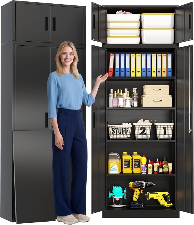 CJF Metal Storage Cabinet, 87 inch Tall Large Locking Cabinet with Top Cabinet, Garage Storage Cabinet with 4 Adjustable Shelves for Home Office, Garage and Utility Room-Black