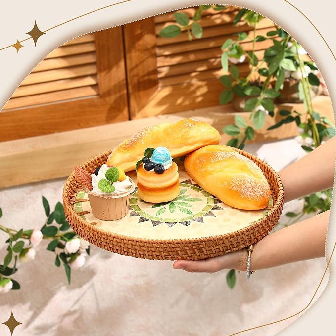 3 Pcs Round Rattan Tray with Mother of Pearl Inlay Wicker Serving Tray with Wooden Base Boho Decorative Wicker Basket for Table Decor Bathroom Candle Perfume(Classic Style)
