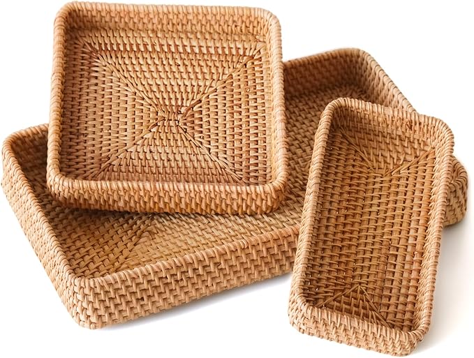 Rattan Serving Tray,Rectangle Wicker Storage Basket Set of 3 for Organizing | Natural Rattan, Decorative Serving Woven Trays Wicker Baskets for Storage, Home Decor, Bathroom, Kitchen Counter