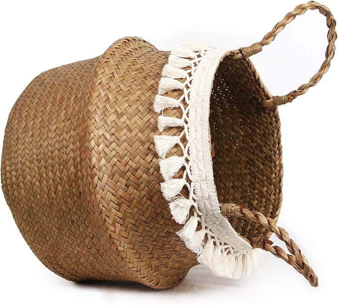 Boho Woven Seagrass Belly Basket for Storage Plant Basket or Toy Basket Living Bathroom (Large, Beige)