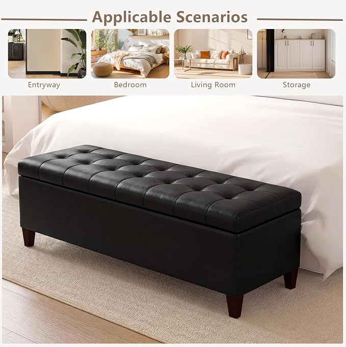 Joveco 51 Inch Storage Bench,Leather Tufted Storage Ottoman with Legs | Safety Hinges,Wooden Legs,Upholstered,End of Bed,Bedroom,Living Room,Entryway,330LBS,Black