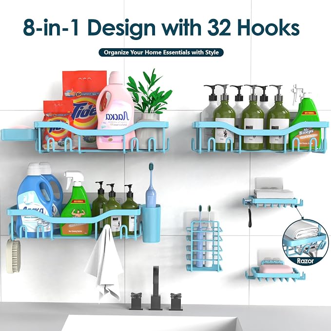 NESOMI Shower Caddy Adhesive Shower Organizer 8-Pack, Rustproof Stainless Steel Bathroom Shelves, Large Capacity No-Drill Rack Storage Accessories with Soap Dish Toothbrush Holder Hooks